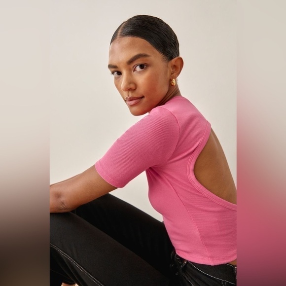 Reformation Top Gerard Back Cutout Stretchy Ribbed Fitted Tee Snapdragon XL NWT - Picture 5 of 5